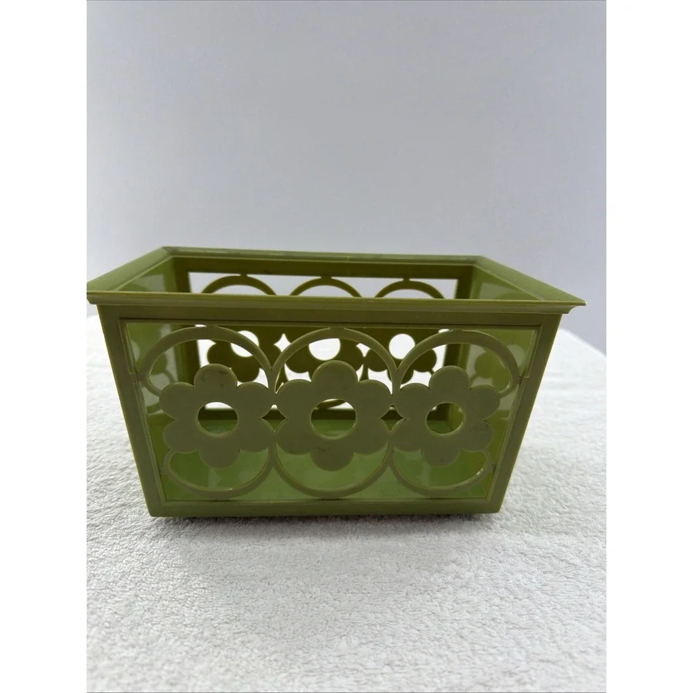 Vintage MCM Harvest Avocado Green Daisy Napkin Holder Basket 1960's/70's